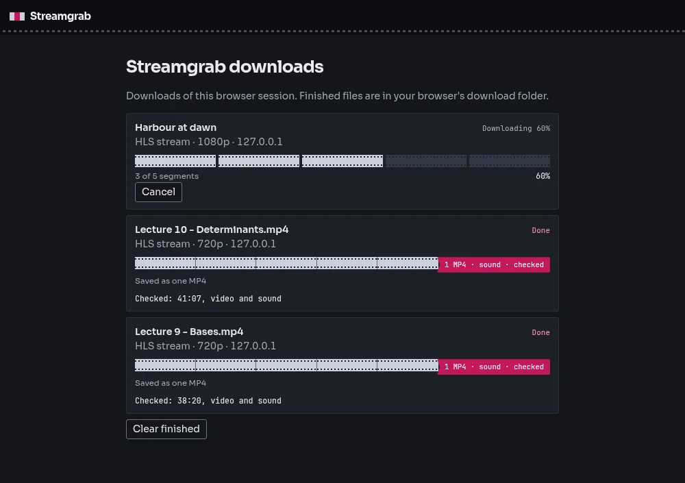 The Streamgrab downloads page: an HLS download at 60 percent with five segments, above finished files marked Done.