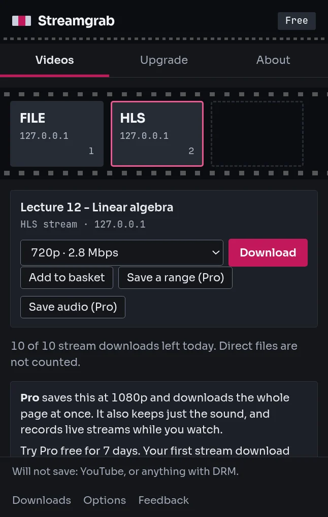 The Streamgrab popup on a page with a film. A strip of clips shows a file and an HLS stream, with the HLS stream selected and a Download button below.