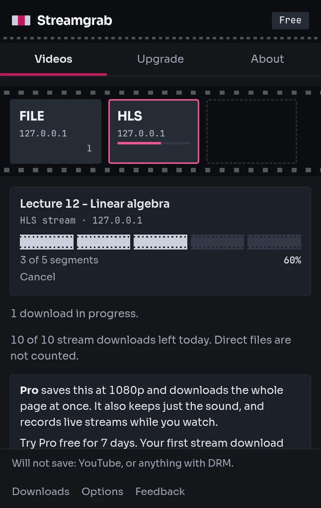 The Streamgrab popup part-way through an HLS download: three of five segments are in, 60 percent, with a Cancel button.